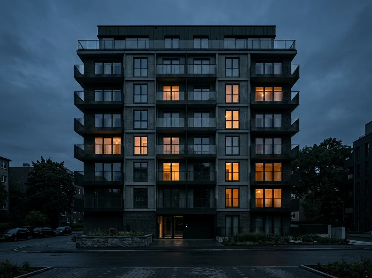 Fachada de um edifício residencial contemporâneo ao anoitecer, com algumas janelas iluminadas.