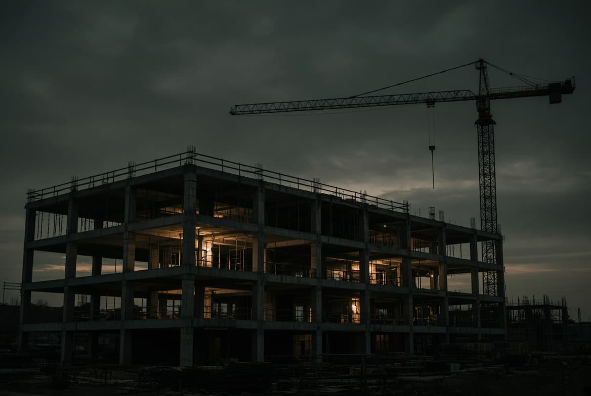 Estrutura de concreto em construção ao entardecer, com um guindaste ao lado.